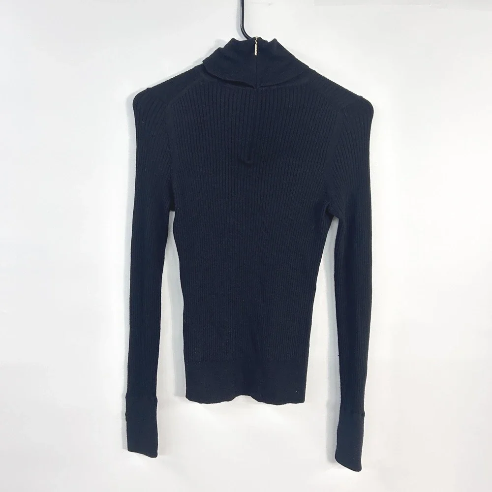 Tory Burch 100% Wool Turtleneck Sweater Large Black Ribbed Quarter Zip Preppy